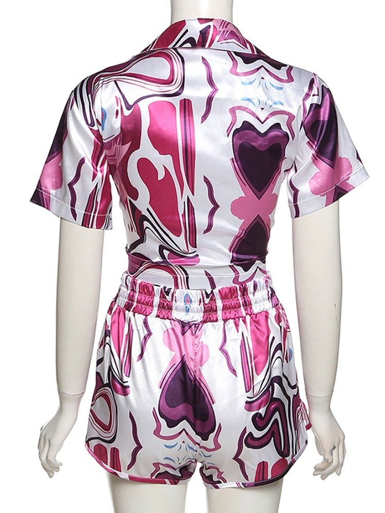 Multi-Color Print Two Piece Set Casual Short Sleeve Pleat Top+ High Waist Elastic Shorts